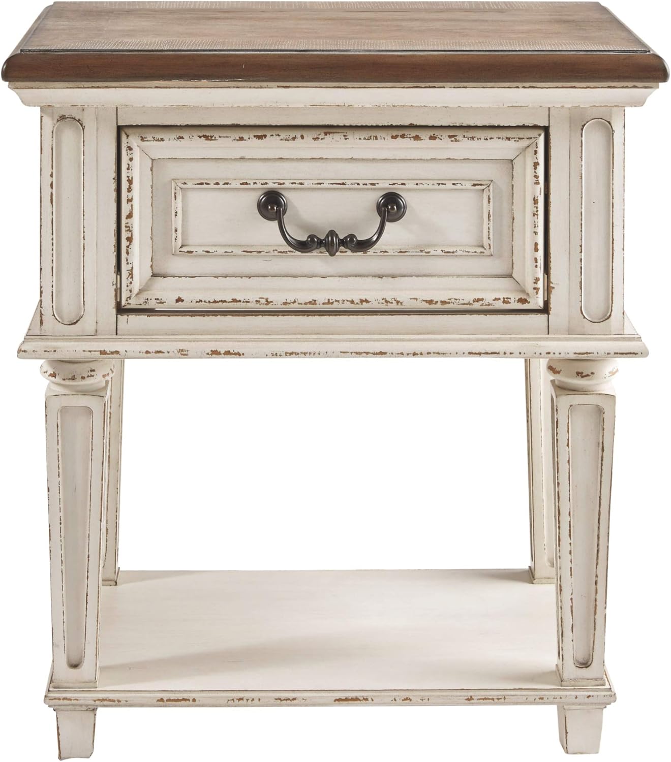 Signature Design by Ashley Realyn French Country 3 Drawer Nightstand with Electrical Outlets & USB Ports, Chipped White