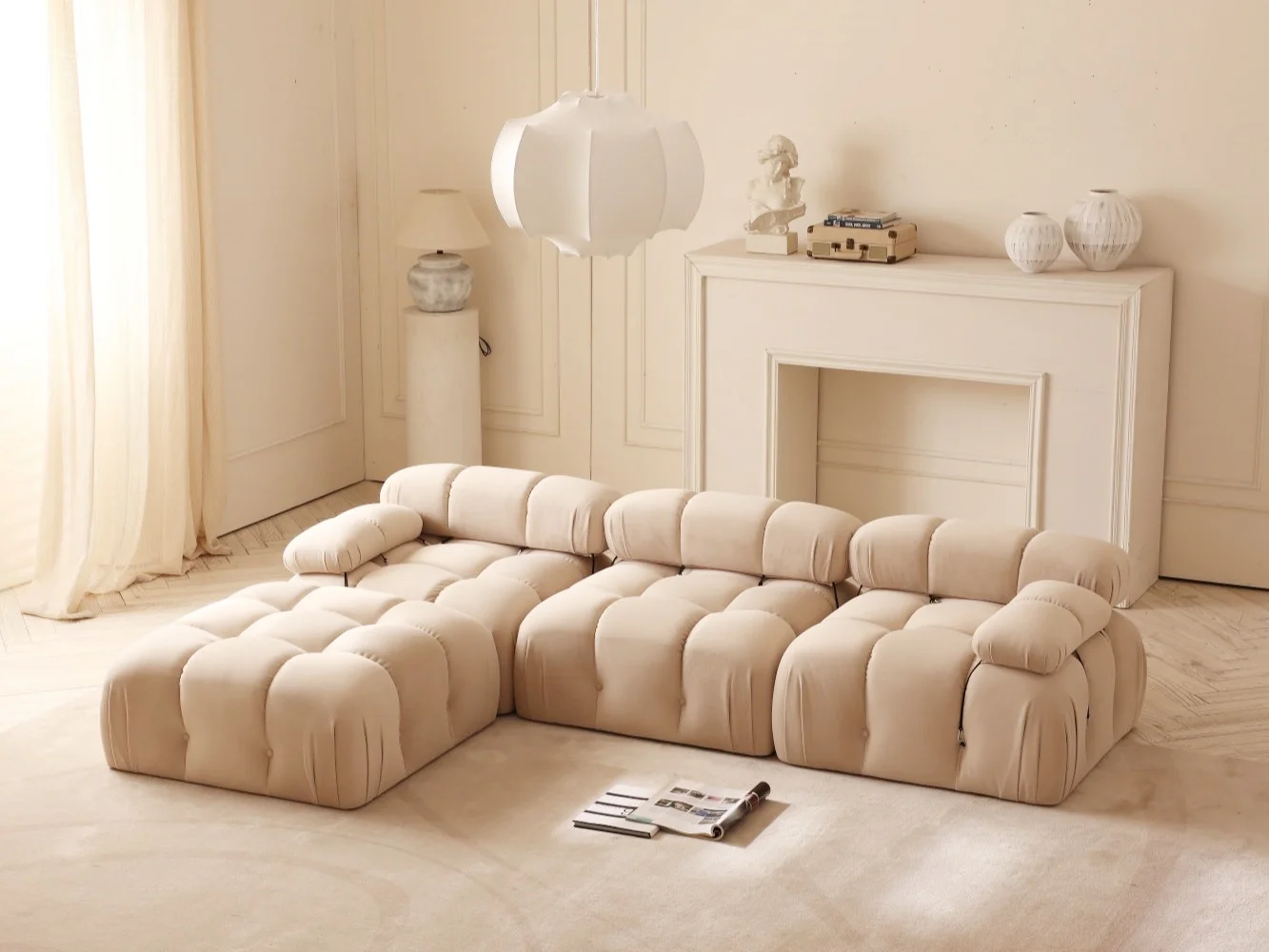 Modular Sectional Sofa Modern Three Seater with Ottoman Wide Couch Sectional for Living Room Bedroom Apartment Tan