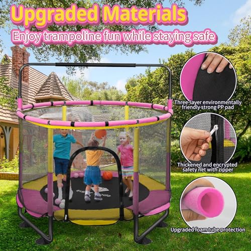 Trampoline for Kids, 5FT Adjustable for Toddler, Indoor/Outdoor Baby Trampoline with Enclosure Net, No-Gap Safe Design, Gifts for Boys & Girls