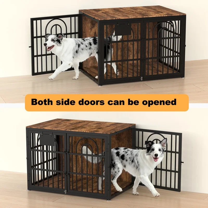 Dog Crate Furniture with Cushion, Wooden Dog Kennel End Table with Double Doors, Heavy Duty Indoor Dog House for Small Medium Large Dogs