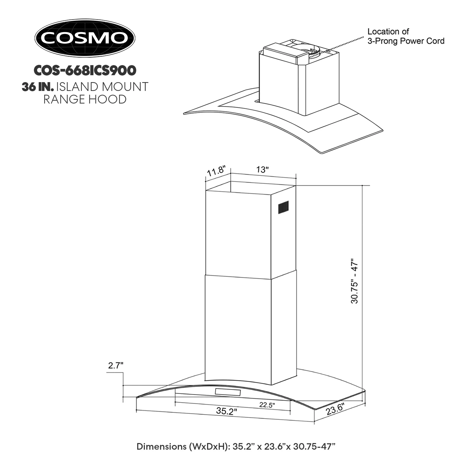 Cosmo 36 in. Ducted Island Range Hood in Stainless Steel with LED Lighting and Permanent Filters