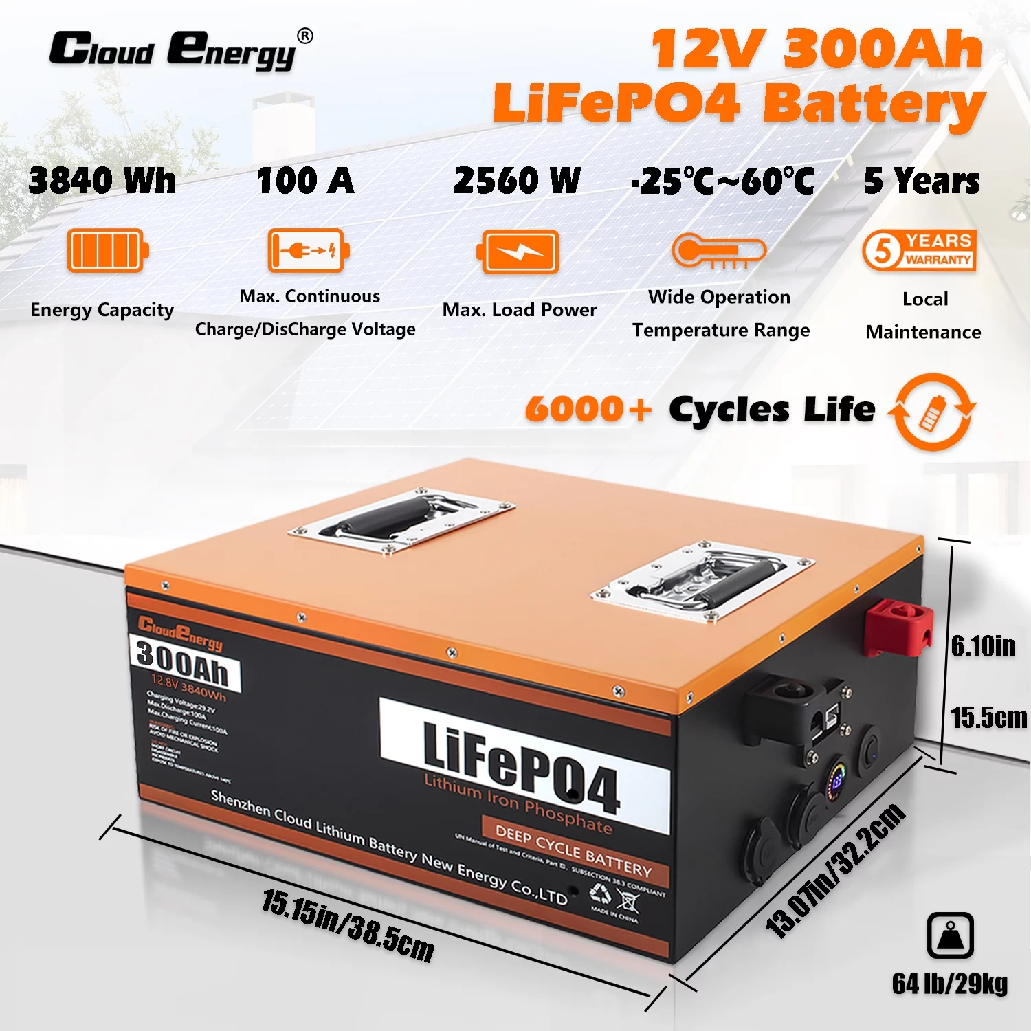 Cloudenergy LiFePO4 Battery 12V 300Ah 3.84kWh Deep Cycle, Built-in 100 Ampere BMS, 6000+Cycles & 10 Year Lifetime