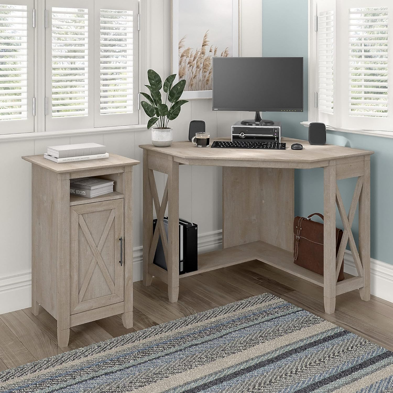 Bush Furniture Key West Small Corner Desk with Storage Cabinet, Washed Gray
