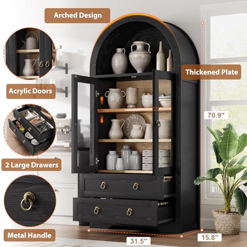 Kitchen Pantry Cabinet, Arched Bookshelf Bookcase China Pantry Storage Cabinet with Drawers Doors and Shelves
