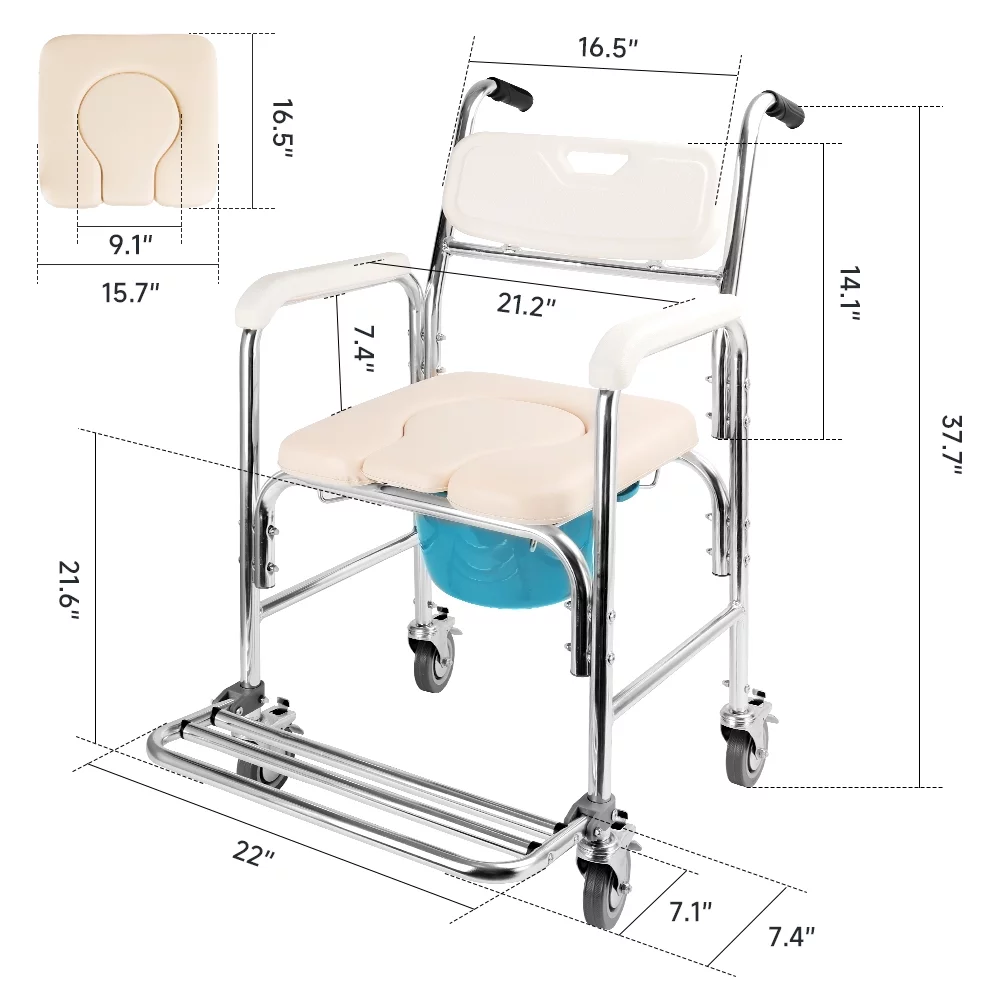 Shower Commode Chair with Wheels 4 in 1 Mobility Multi-Functional Rolling Shower Chair with Soft Padded Waterproof Mobile Over Toilet Chair with 4