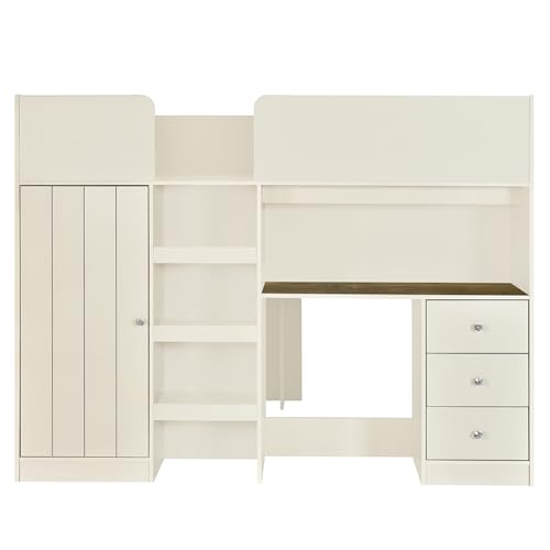Harper & Bright Designs Full Size Loft Bed with Desk, Wood Full Loft Bed Frame with Built-in Wardrobe, Storage Shelves and Drawers, Gray