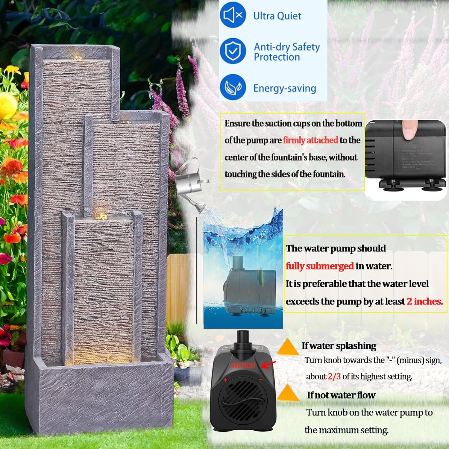 Water Fall Fountains Indoor Outdoor - 39.3” Inches Tall Indoor Waterfall Fountain Outdoor Modern Waterfall Fountains with LED Lights for Garden