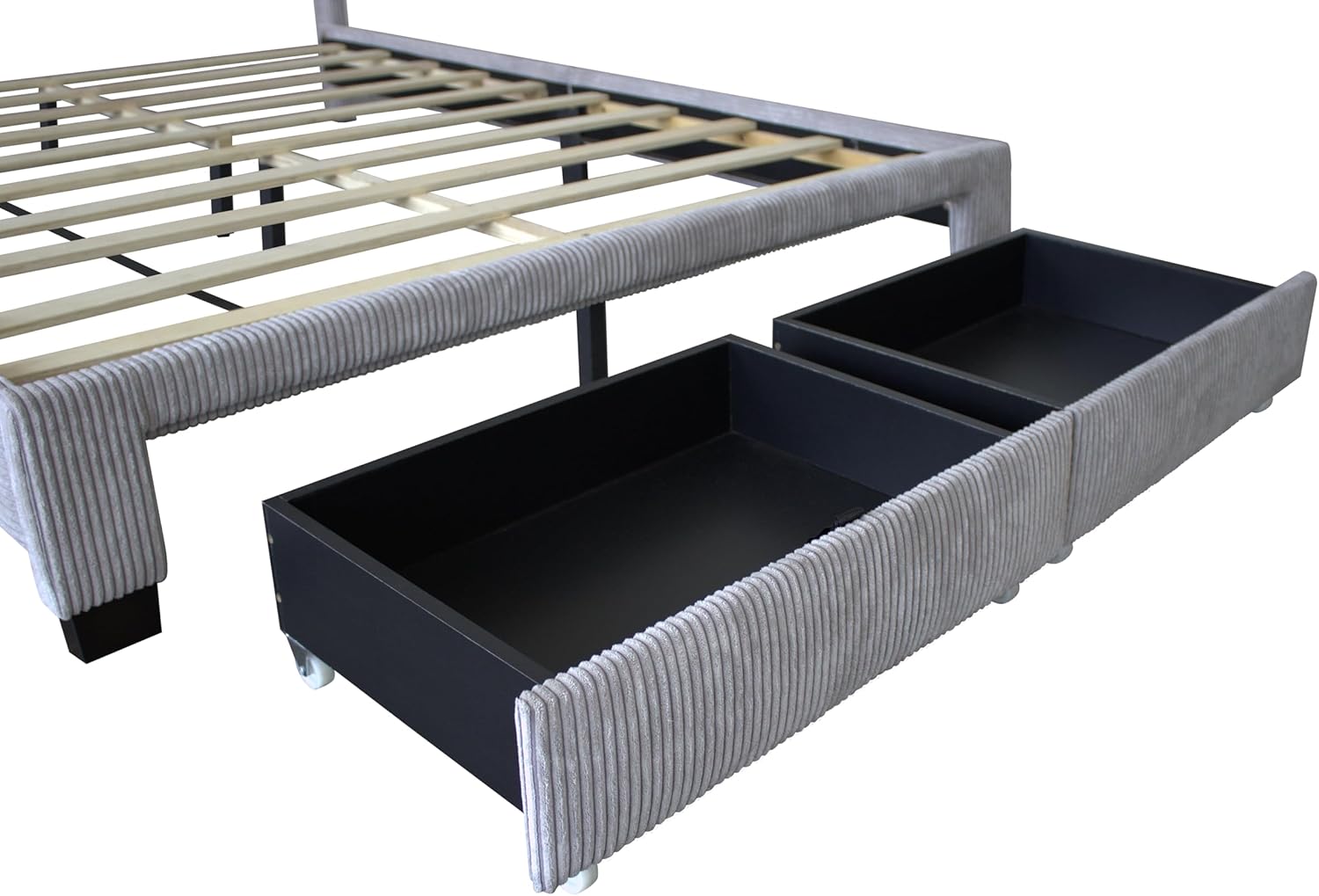 Queen Size Bedroom Platform Bed Frame with Corduroy Velvet Headboard and Drawer Storage
