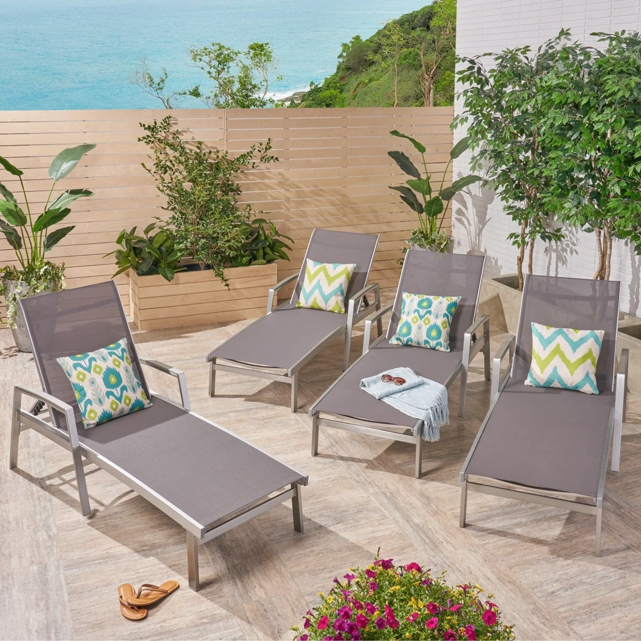 GDF Studio Joy Outdoor Aluminum Adjustable Chaise Lounges, Set of 2, Gray Mesh and Silver
