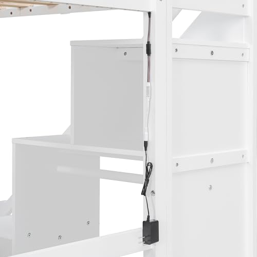 Modern Full Size Gaming Loft Bed with Built-in Desk and Storage Wardrobe, Wood Loft Bed Frame with Light Strip and 2 Drawers