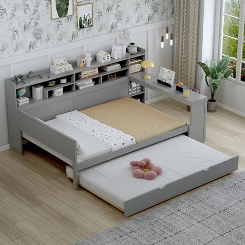Corner Twin Bed Frame with Bookcase Storage and Desk, Wood Day Beds with 2 Drawers, Twin Size Daybed with Storage for Living Room
