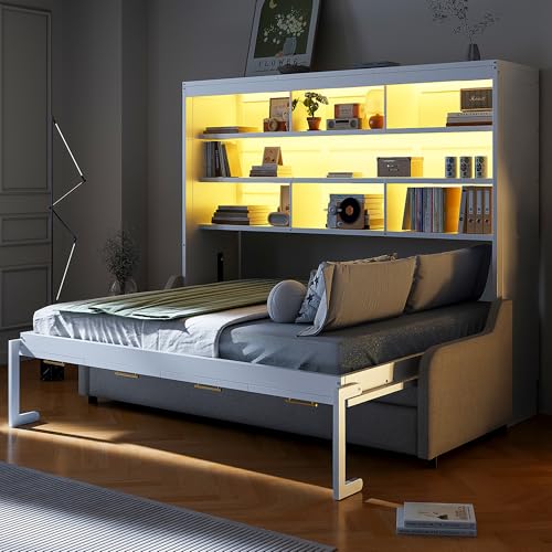 Queen Size Murphy Bed with Sofa, Shelves, USB & Light, Can be Folded Wall Bed and Tall Cabinet with Glass Doors& Wine Rack