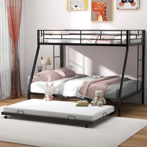 KOMFOTT Twin Over Full Bunk Bed with Trundle, Heavy-Duty Metal Bunk Bed Frame with Guardrail & 2 Ladders, Space-Saving Bunk Bed for Kids/Teens/Adults