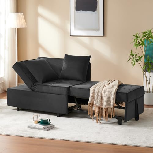 Sofa Bed 4-in-1 Convertible Pull Out Couch, Velvet Love seat Couch Sleeper Chair Bed with 2 Throw Pillow