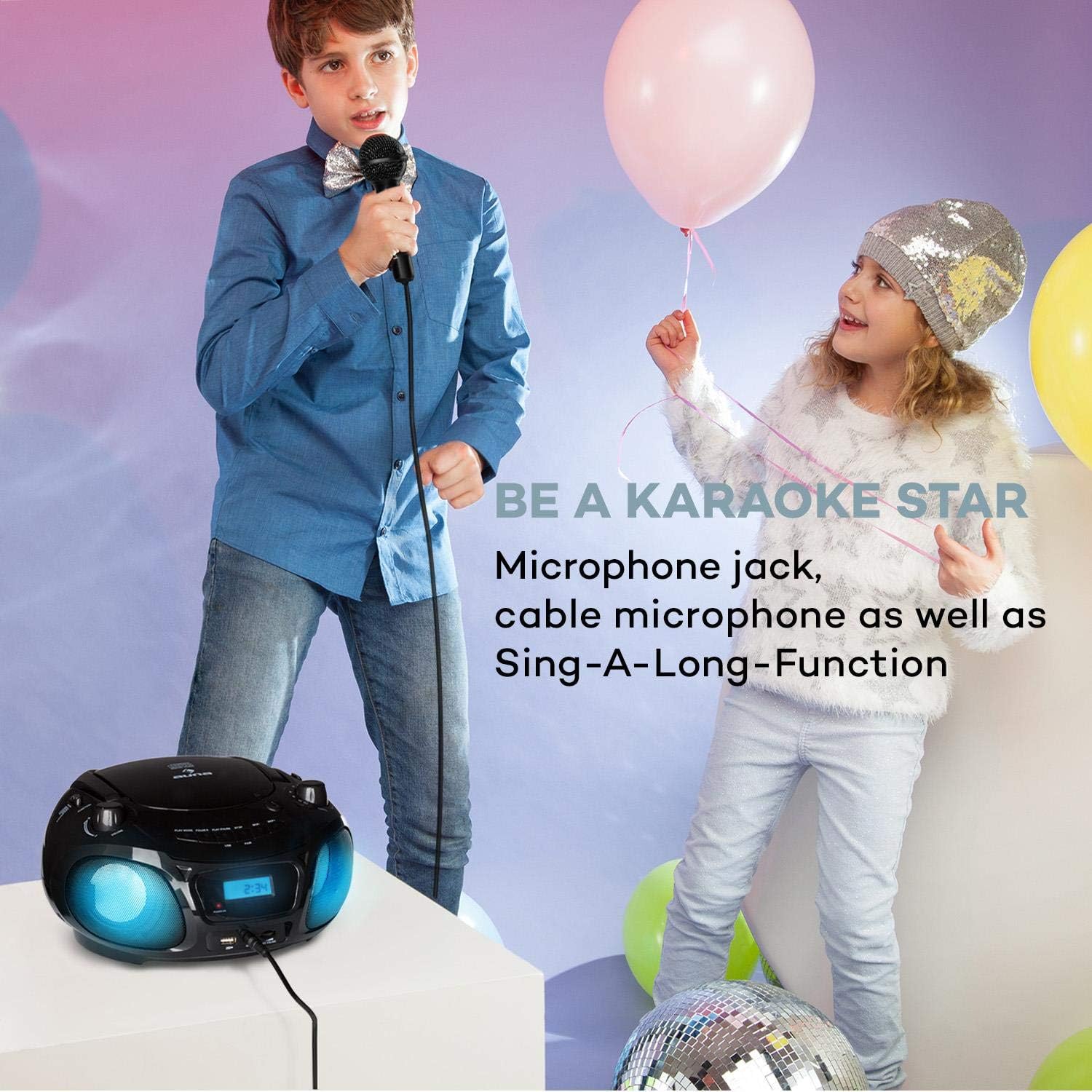 AUNA Roadie Sing - CD Radio, Portable Karaoke, Stereo System, Boombox, CD Player, USB Port, MP3, FM Radio Tuner, Bluetooth 3.0, LED Lighting