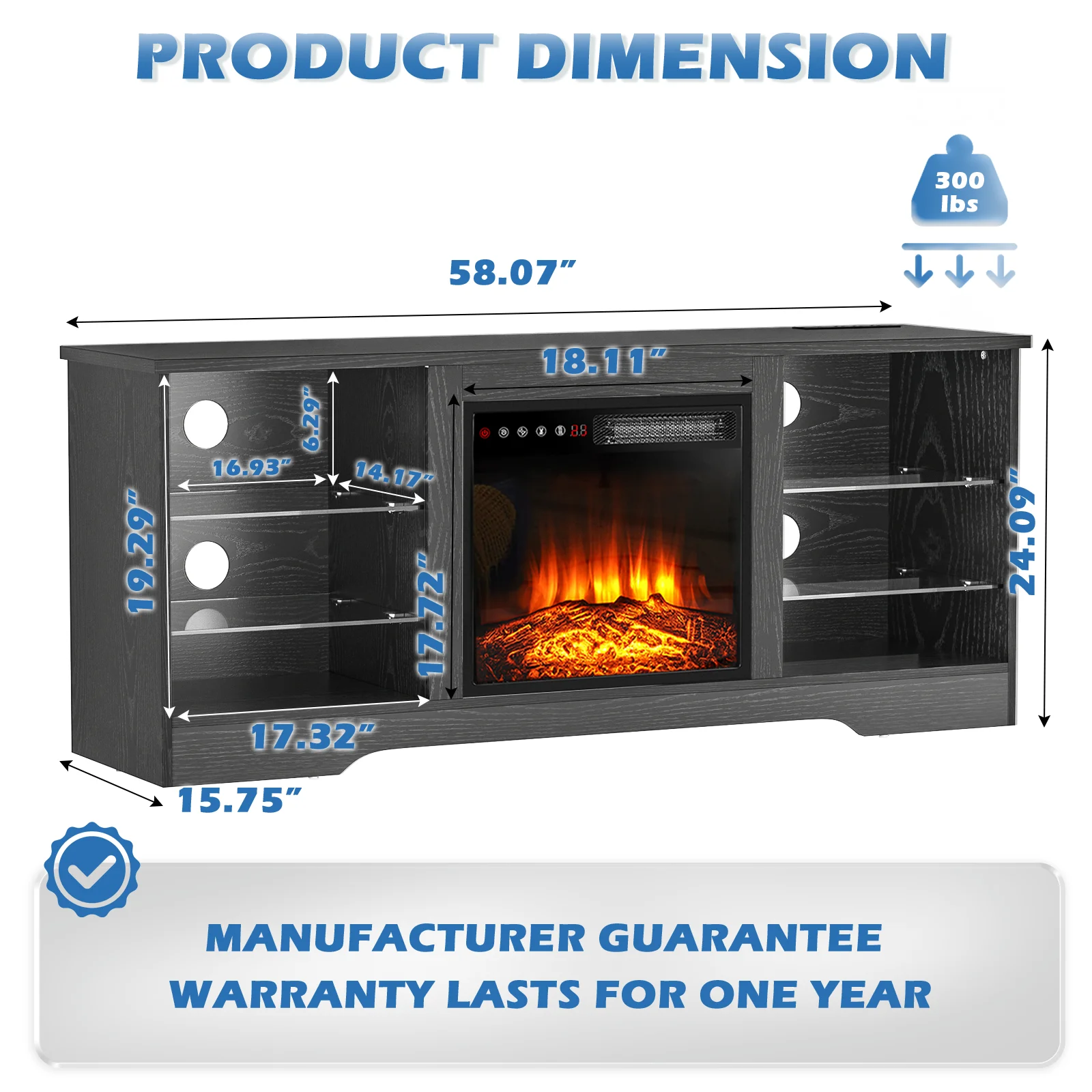 Waleaf Fireplace TV Stand with 18'' Fireplace for TVs up to 65 inch, Two Adjustable Glass Shelves