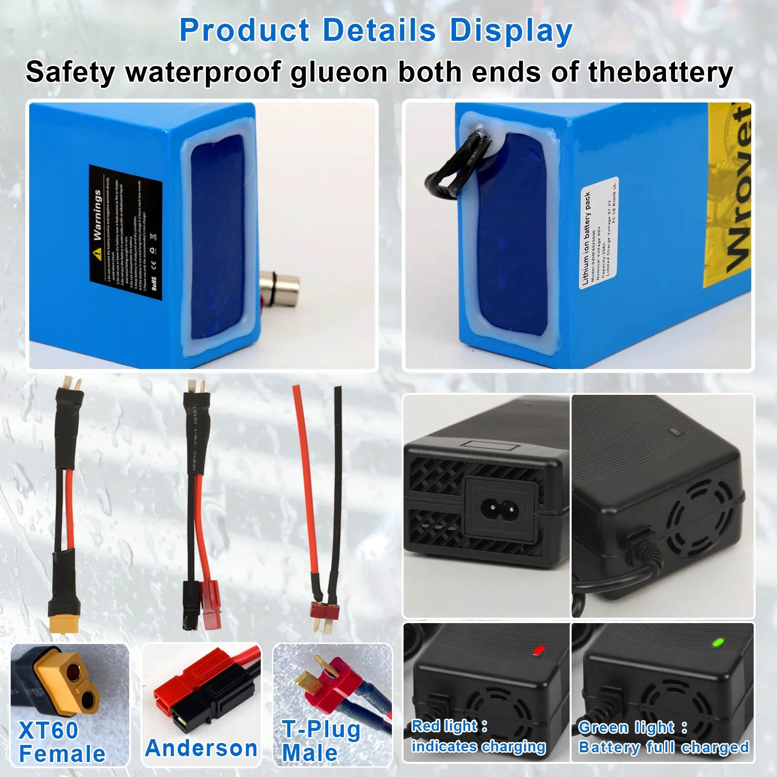 Electric Battery 60V 20Ah Electric Bike Lithium Ion Battery 60V Battery with 3A Charger, T-Plug Extension Cord