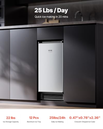 VEVOR Under Counter Ice Maker Machine, Crescent Ice, 25 Lbs/Day Stainless Steel Built in Ice Maker with Reversible Door