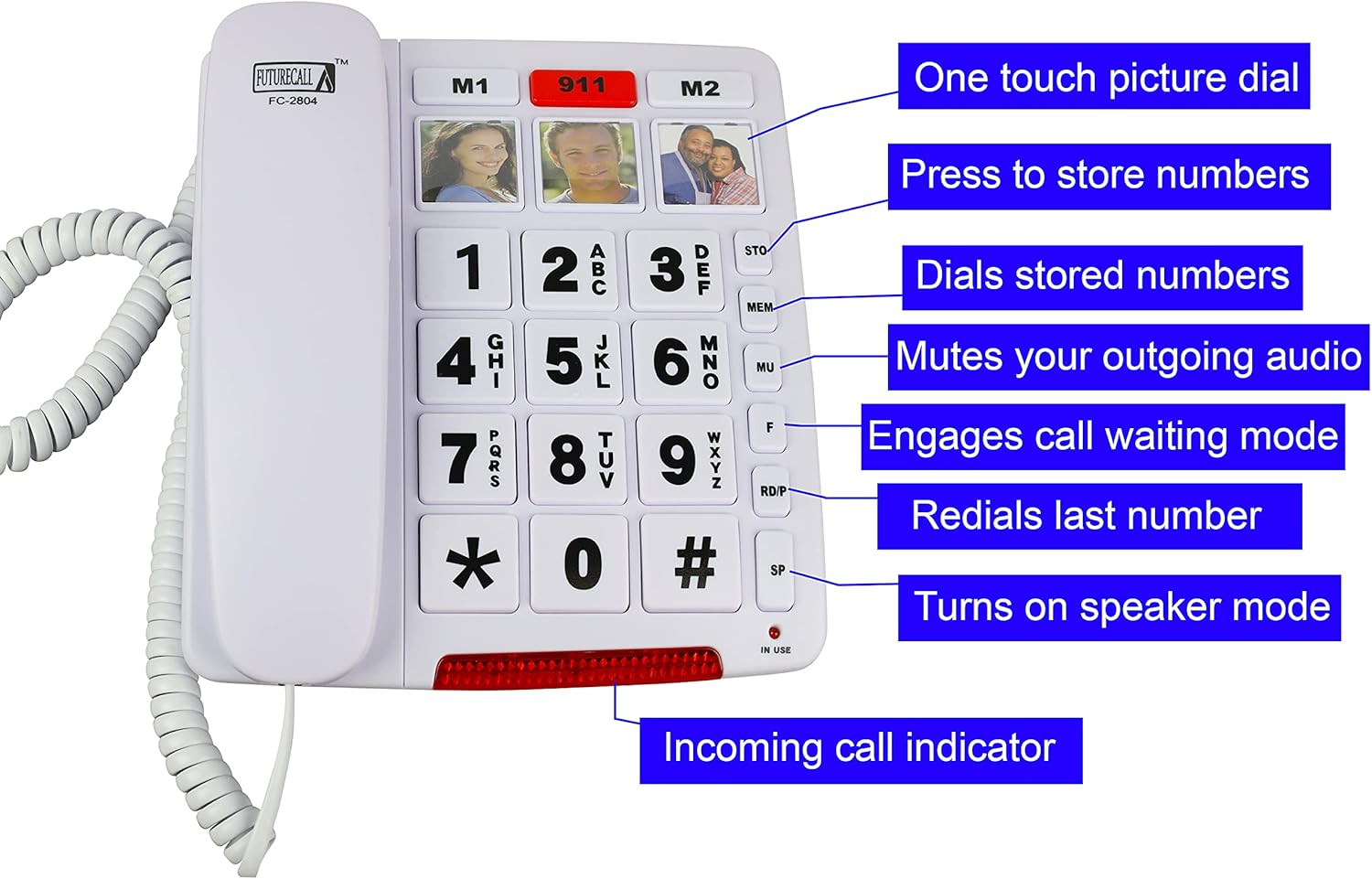 Future Call FC-2804 Big Button Phone for Seniors | 3 Picture Keys and Speakerphone | Amplified Telephones for Hearing Impaired Seniors 40db w/Extra