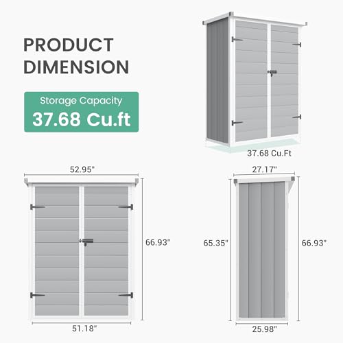 UDPATIO 38 Cu.ft Resin Outdoor Storage Shed, Vertical Tool Shed with Shelving Brackets for Patio Pool Lawn Garden, Grey