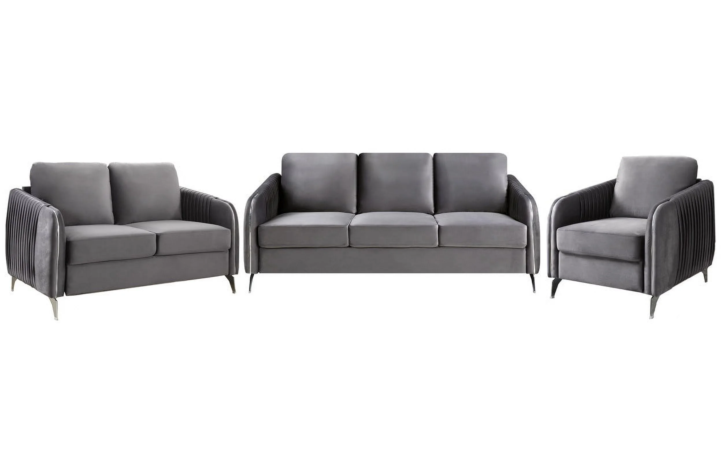 Gray Velvet Living Room Set with Vertical Channel-Quilted Design - Luxurious Modern Style