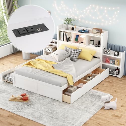 Full Size Storage Bed with Bookcase Headboard and Trundle, Wood Platform Bed Frame with Charging Station