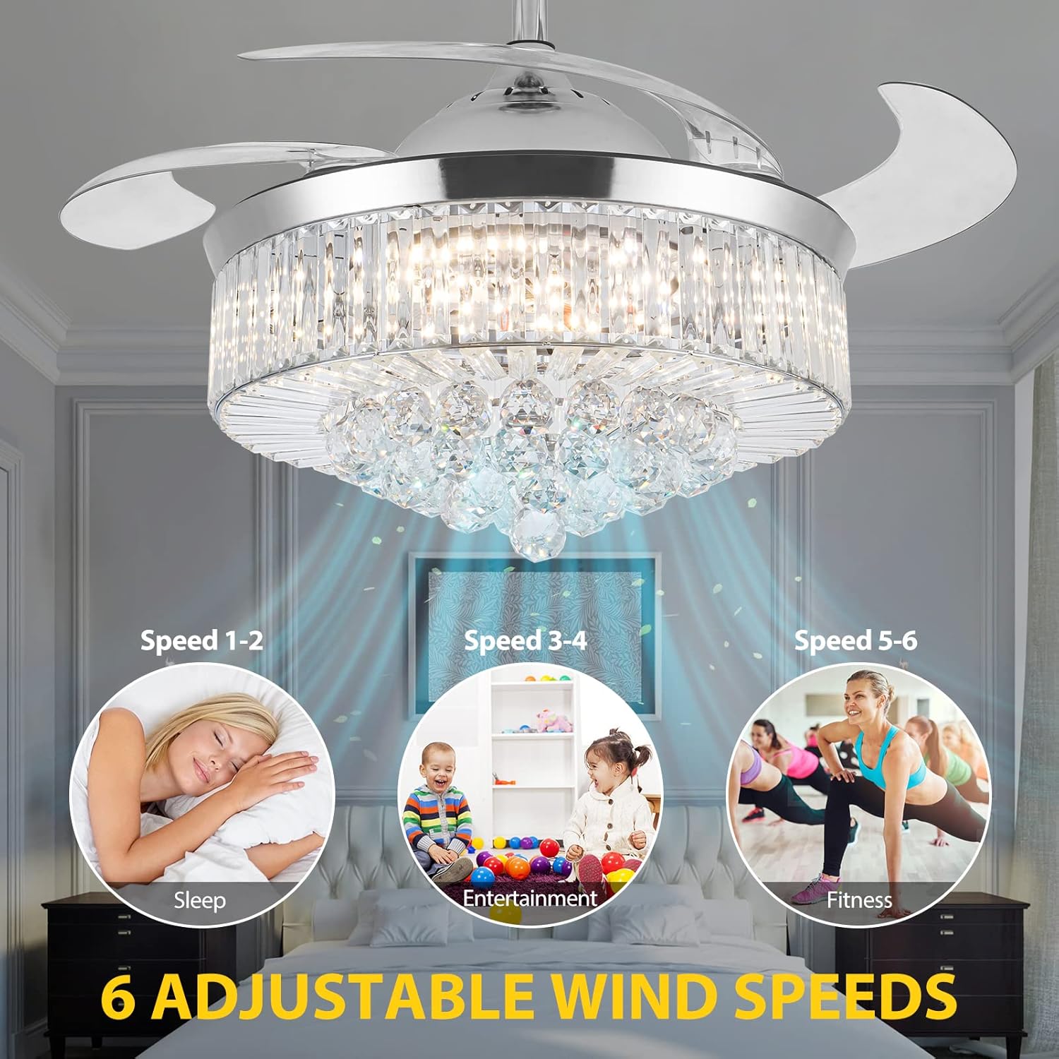 36 Inch Crystal Ceiling Fans with Lights