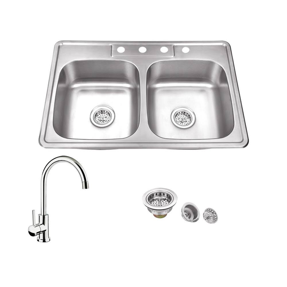 Soleil SSDP5050P805CP 20 Gauge Stainless Steel 33x22 L x 22x22 W Double Basin Drop-In Kitchen Sink with Gooseneck Faucet Faucet