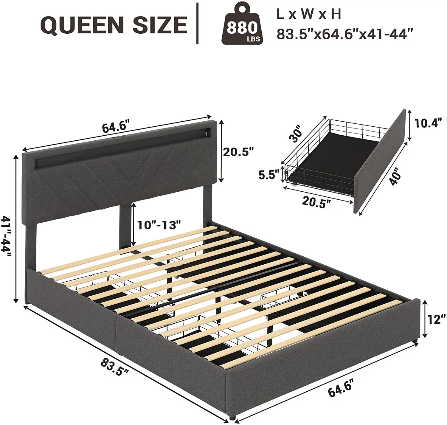 Queen Size Bed Frame with 4 Drawers, Upholstered Platform Bed with LED Lights Headboard and USB Charging Station, No Box Spring Needed, Dark Grey