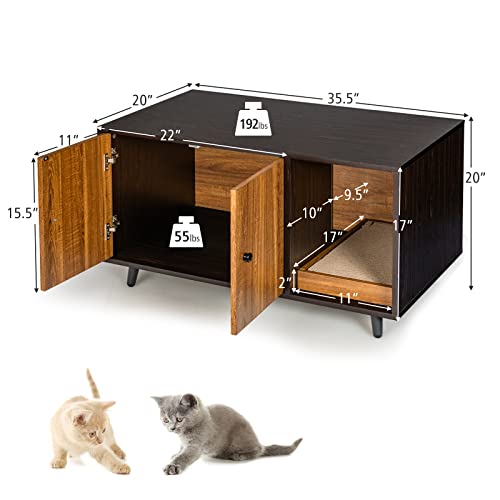 PETSITE Cat Litter Box Enclosure, Wooden Litter Box Cabinet with Divider, Scratching Pad & Metal Legs