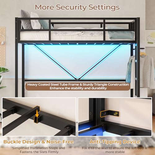 DICTAC Loft Bed Twin Size with Ladder and Guardrail,Metal Twin Loft Bed with Led Lights,Small Space Saving Furniture Design for Bedroom