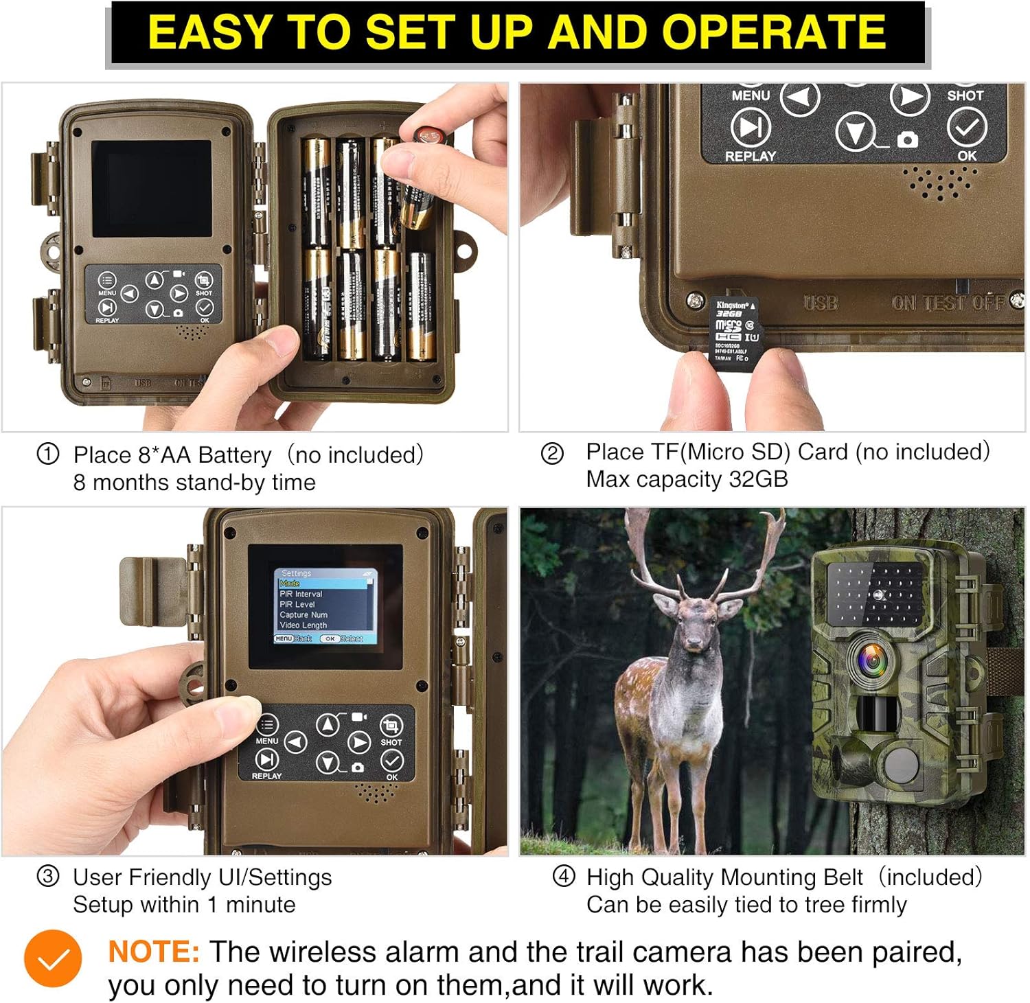 Trail Camera Auto Alarm Function for 150m Sensitive Detection 24MP 1080P Wildlife Camera Trail Cameras with Night Vision Motion Activated Waterproof