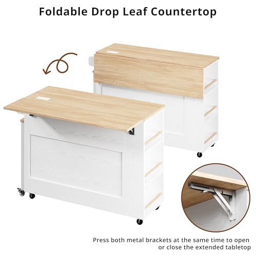 Kitchen Island with Storage on Wheels Drop Leaf Extandable Table Kitchen Island Cart with Drawers Power Outlet