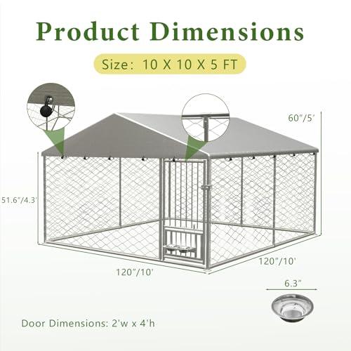 10X10FT Outdoor Large Dog Kennel, Heavy Duty Dog Cage for Large Dogs, Durable Dog House Enclosure with Roof and Rotating Feeder Bowls