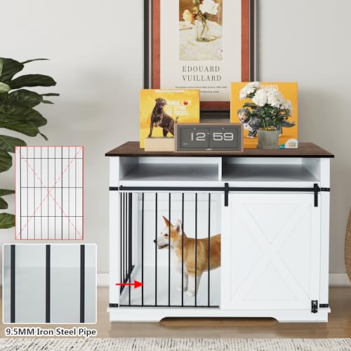 Aoowow Large Double Dog Crate Furniture 72.4" Indoor Dog Kennel with Sliding Barn Door and Divider