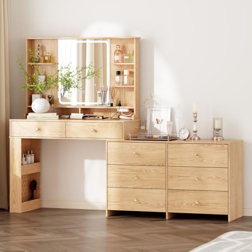 Large Makeup Vanity Desk with Mirror and Lights, Vanity Desk with 8 Drawers & Storage Shelves, Vanity Table with Power Outlet