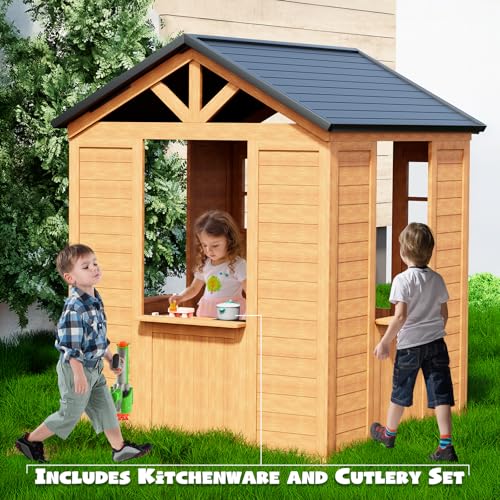 All Spruce Outdoor Kids Playhouse, Toddler Playhouse Wooden Playhouse for Kids Ages 3-10, with Sink, Stove, Flower Pot Holders, Phone