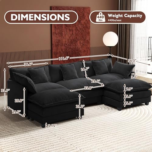 Ihanherry 111.4" U Shaped Modern Cloud Sofa Modular Sectional Couch with 2 Ottoman, 5-Seat Chenille Deep Seat Sofa with Pillow for Living Room