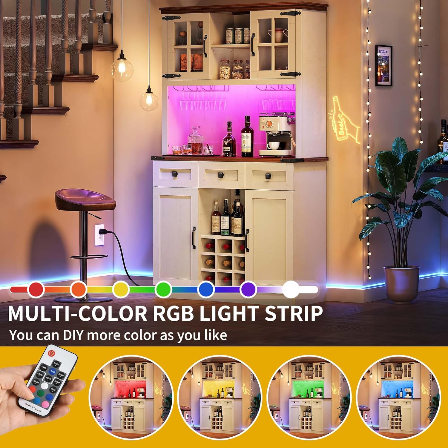 DWVO Coffee Bar Cabinet with Power Outlet/Lights, 72" Farmhouse Pantry Cabinet with Storage Shelves and 3 Drawers