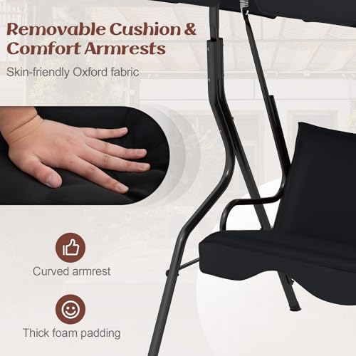 Tangkula 3 Person Porch Swing, Patio with Removable Cushion & Powder-Coated Steel Frame, Outdoor Swing with Canopy for Porch, Backyard, Garden
