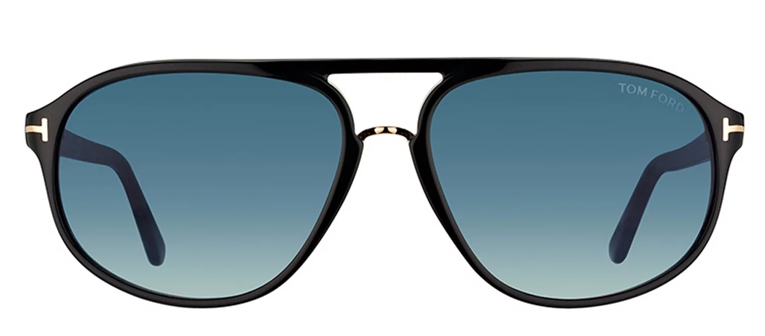 Tom Ford TF 447 01P Jacob Plastic Aviator Shiny Black Plastic Aviator Sunglasses Blue Gradient Lens