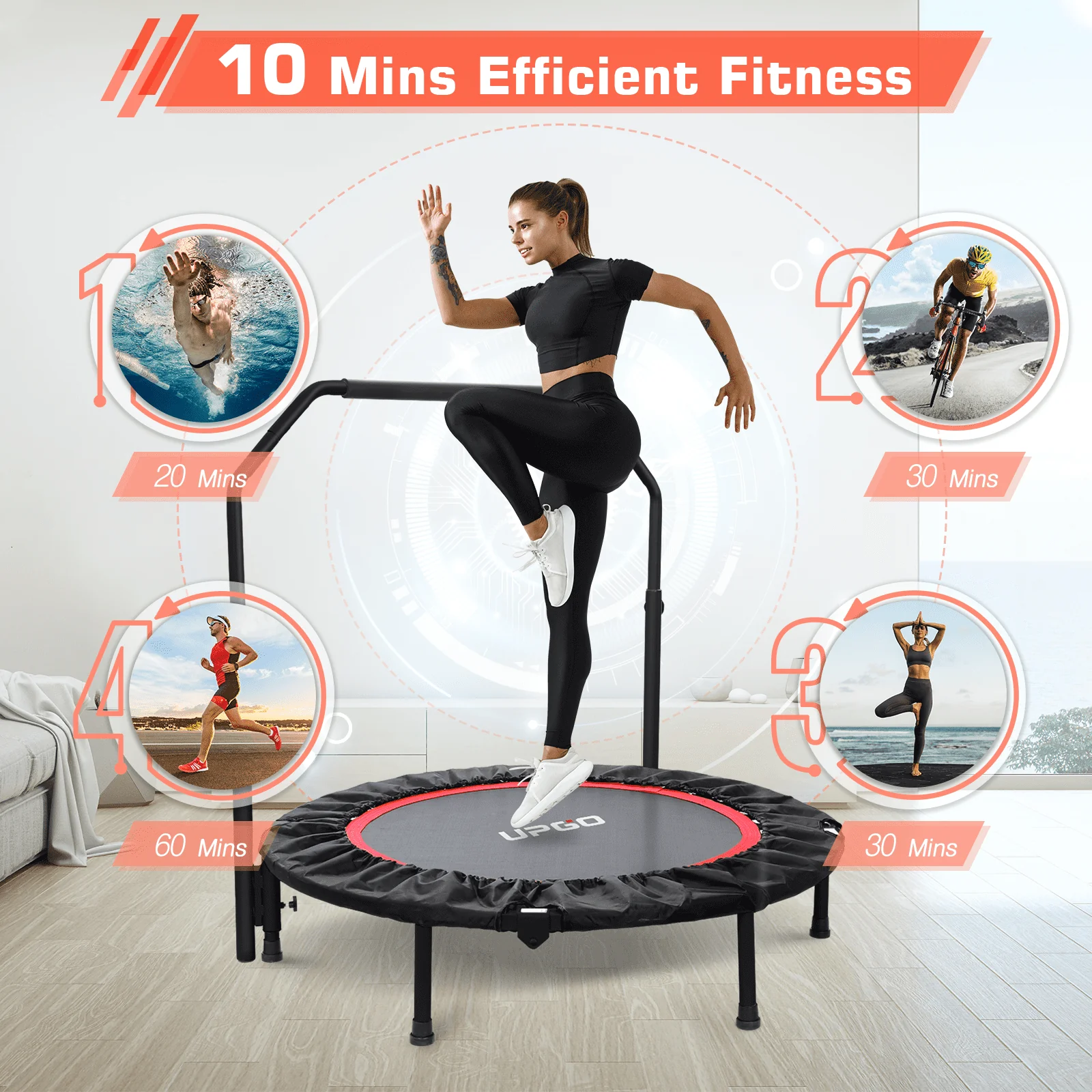 UPGO 40 Foldable Trampoline, Fitness Rebounder with Adjustable Foam Handle, Exercise Trampoline for Adults Indoor/Garden Workout Max Load 330lbs