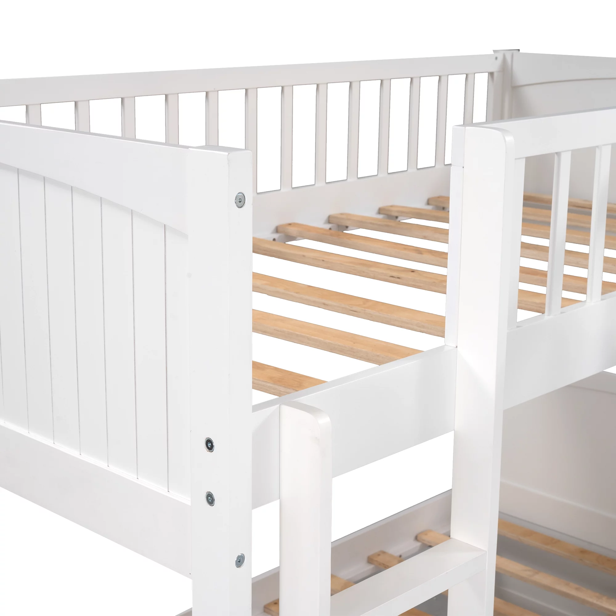 Euroco Twin Size L-Shaped Wood Triple Bunk Bed with Drawers for Kid's Bedroom, White