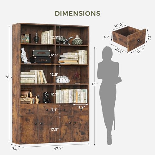 IRONCK 78.7" Bookcase with 4 Drawers and 4 Doors, 6 Tier Large Bookshelf with Storage, Floor Standing Display Storage Shelves