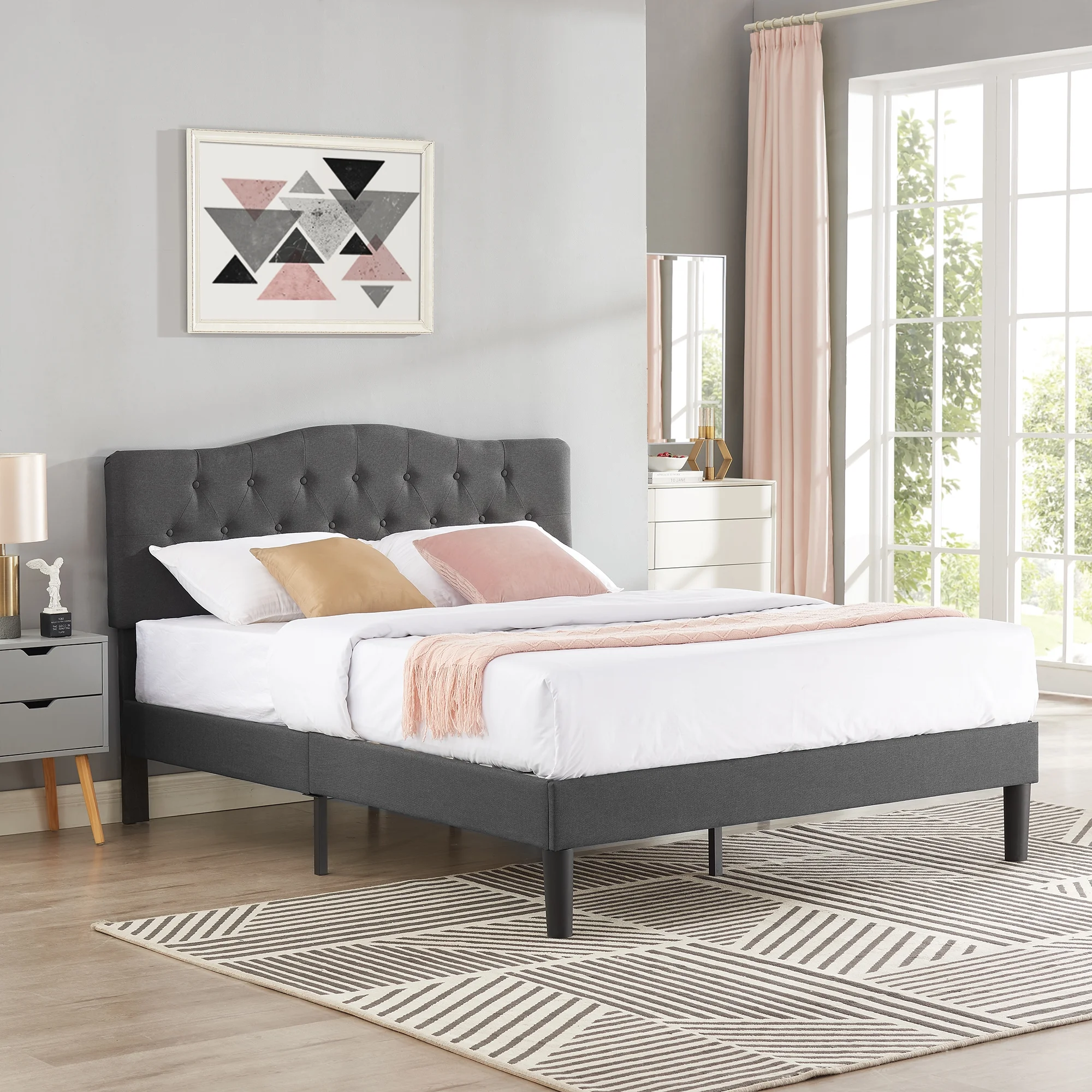 VECELO Queen Bed Frame Upholstered Platform Bed Frame with Diamond Tufted Adjustable Headboard, Wooden Slats Support, No Box Spring Needed, Gray