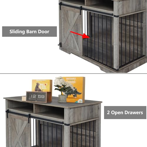 Aoowow Large Double Dog Crate Furniture 72.4" Indoor Dog Kennel with Sliding Barn Door and Divider