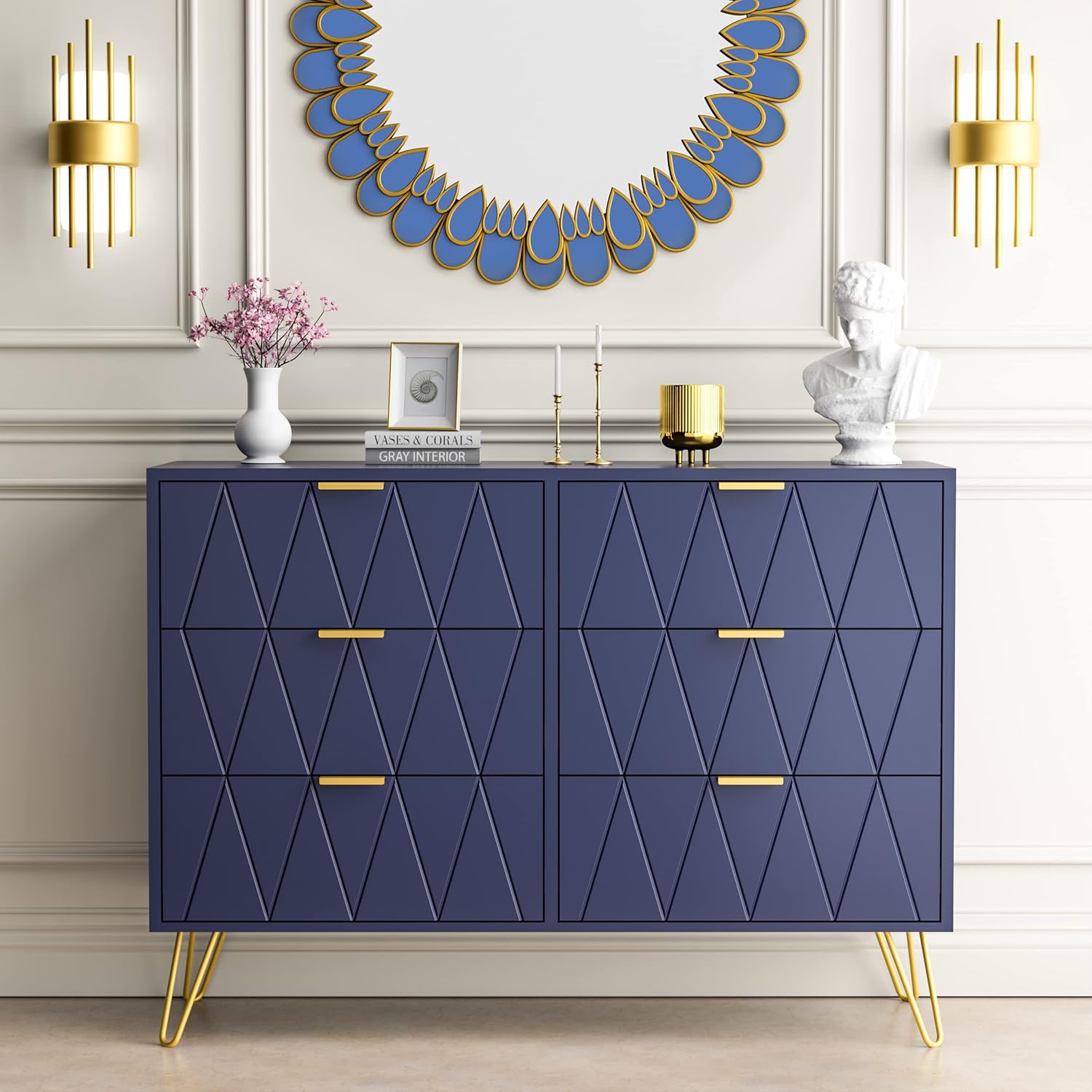 Anbuy Navy Blue 6 Drawer Dresser for Bedroom, Large Double Dresser with Wide Drawers and Gold Handles, Chest of Drawers