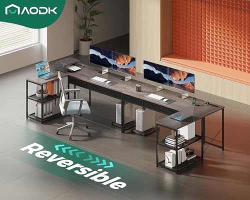 AODK 53 Inch L Shaped Computer Desk with Drawers, Corner Desk with Power Outlets & Reversible Storage Shelves