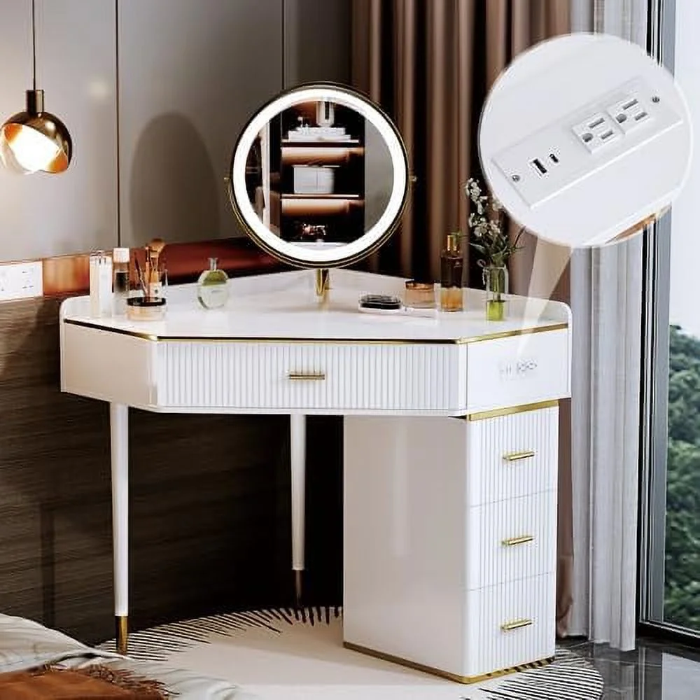 GEROBOOM Modern Corner Vanity with Lighted Mirror Large Size Corner Dresser  Dressing Table with 4 Drawers  Cabinet and Rotating Mirror with Power