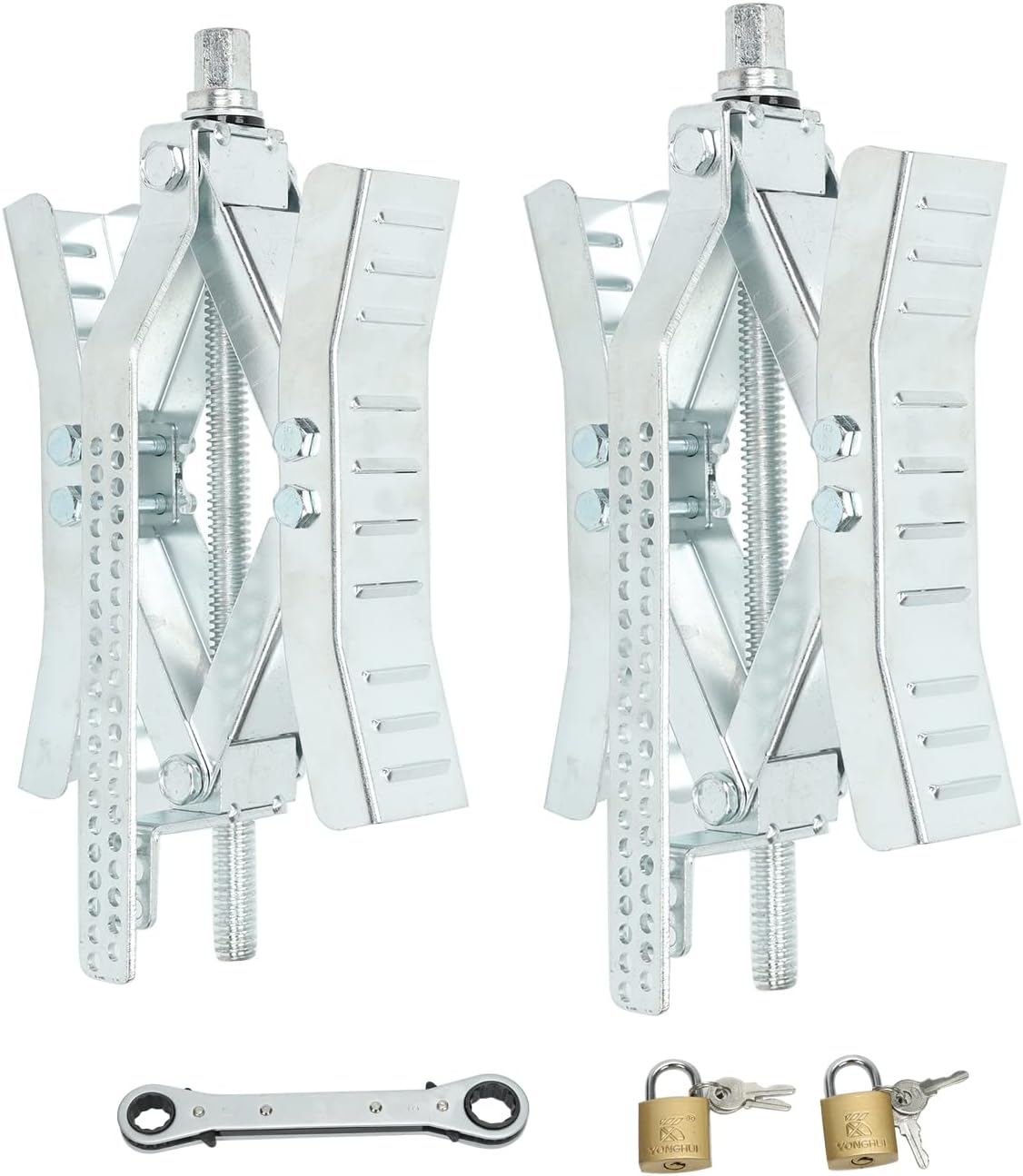 frperce 2 Set Wheel Chock Stabilizer Tire Locking Chock with w/Crank Handle for Trailer Camper RV Jack, Spaced 4-10 Apart
